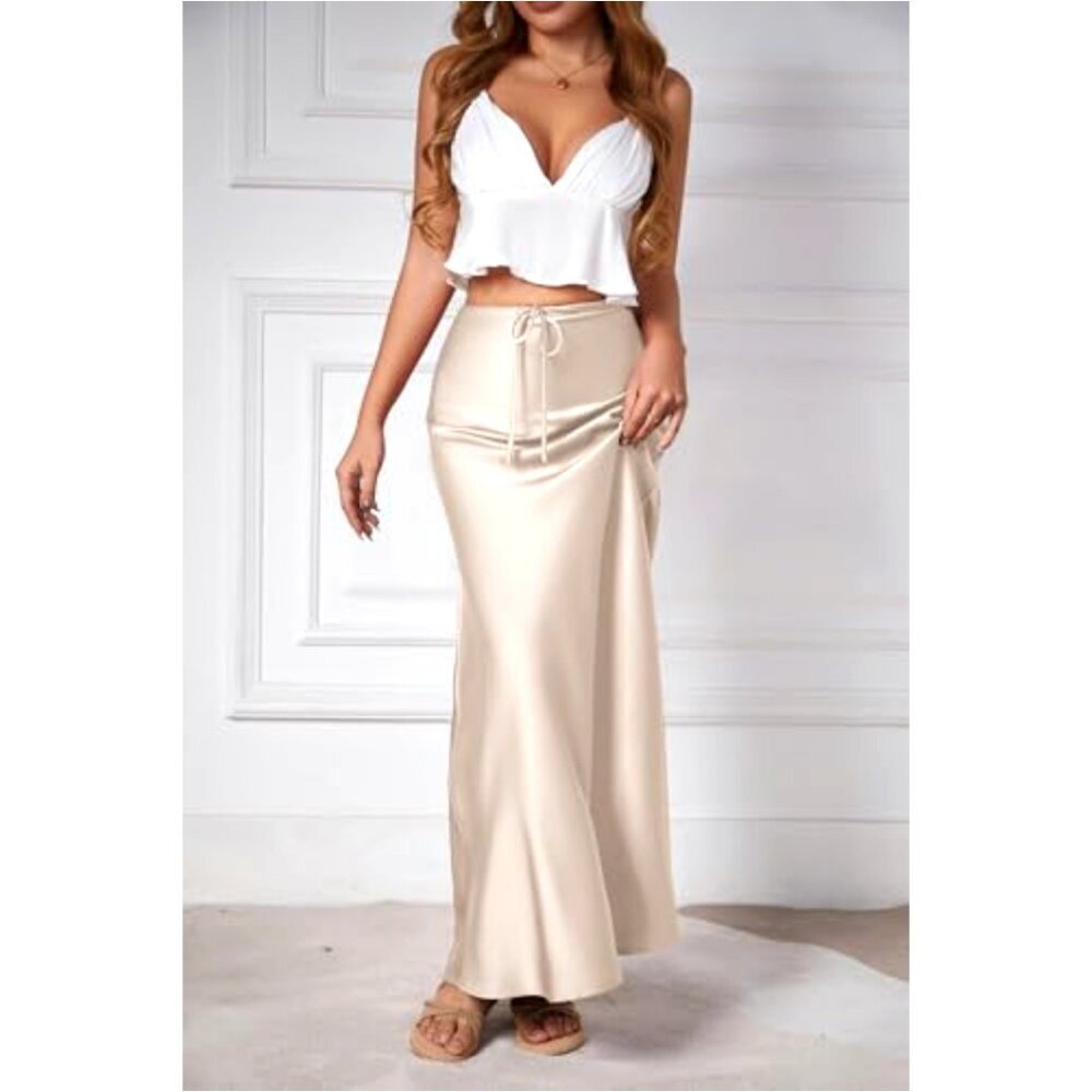 Satin Maxi Skirt Elegant Flowy A-Line Drawstring Waist Casual Formal Wear - Picture 2 of 6